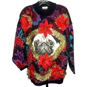Vintage 80s Ugly Christmas sweater handmade‎ pug tinsel 90s colorful floral